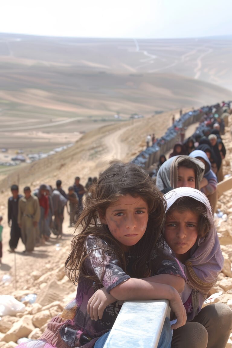 Photograph by a photojournalist. Two sad children in a refugee camp who have fled from a war, resting scared while people arriving at the refugee camp pass by behind them. Highest quality and detail. A Pulitzer Prize-winning photograph. Sad. Real --chaos 100 --ar 2:3 --style raw --stylize 1000 Job ID: ae8ba956-39dc-4dd3-a0cd-63685aaa15b1