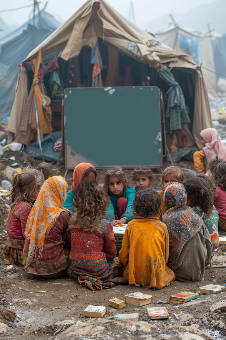 A mid-range shot capturing a group of children gathered around a makeshift classroom outside their tents. The angle is from slightly above, providing a view of their scattered books and papers. The color palette is realistic, highlighting the contrast between the children's colorful clothes and the dusty, grey environment --chaos 20 --ar 2:3 --style raw --stylize 1000 Job ID: 6f99bb93-2216-49a1-8c73-97105fd5d6a7